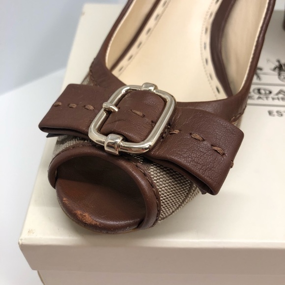 COACH Peep-Toe Khaki/Walnut Wedges - Picture 4 of 8